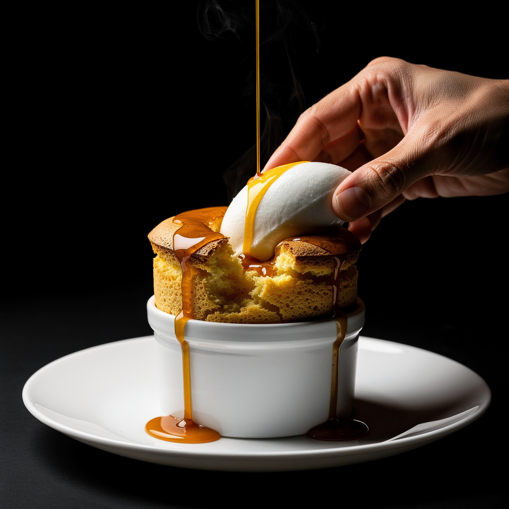 Soufflé de fruta de la pasión recién horneado y bien subido, junto a una quenelle de crema helada de coco y un hilo de caramelo de jengibre.