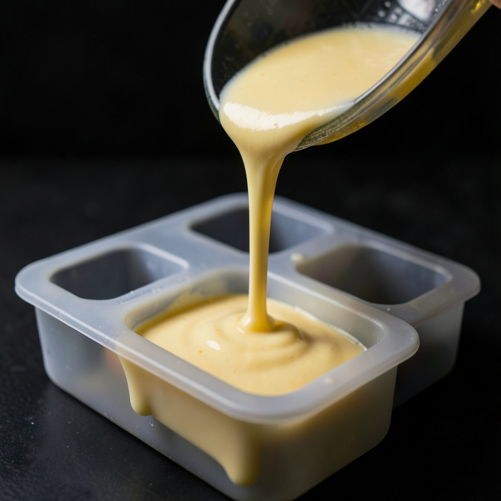 Beurre blanc de champán vertiéndose en moldes de silicona para congelar