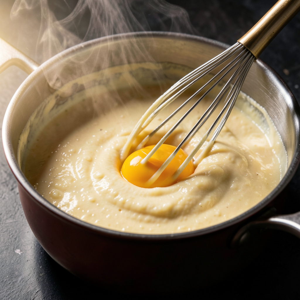 Béchamel de parmesano 36 meses con yemas incorporándose en cazo