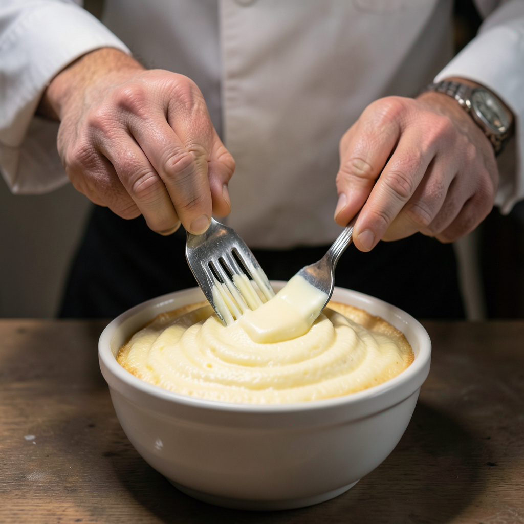 Manos del chef engrasando ramekin con movimientos verticales precisos