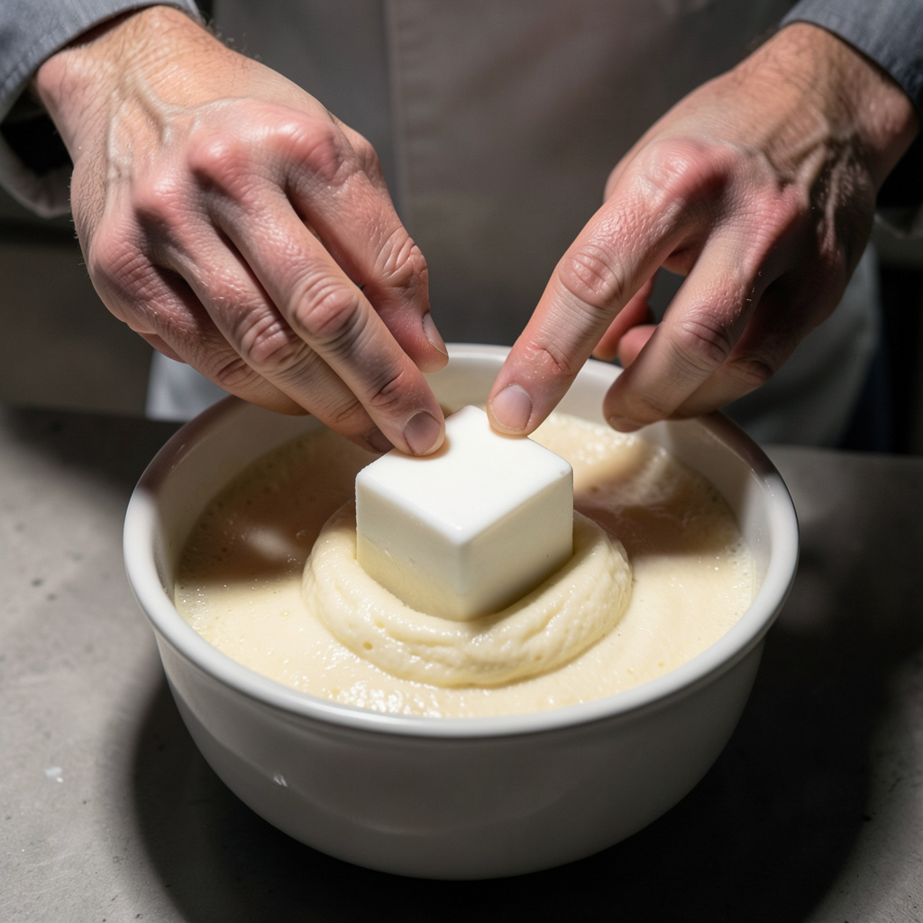 Manos del chef insertando cubo de beurre blanc congelado en el ramekin