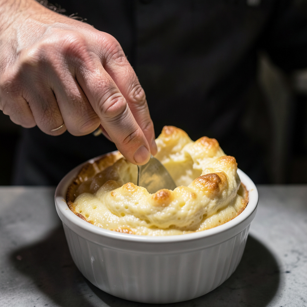 Pulgar del chef trazando la corona circular en el borde del soufflé