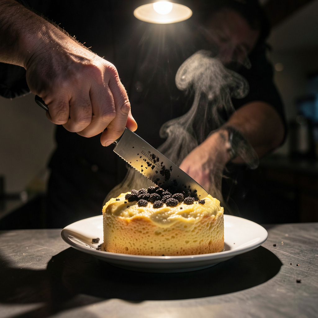 Microplane rallando trufa negra sobre soufflé inflado y humeante