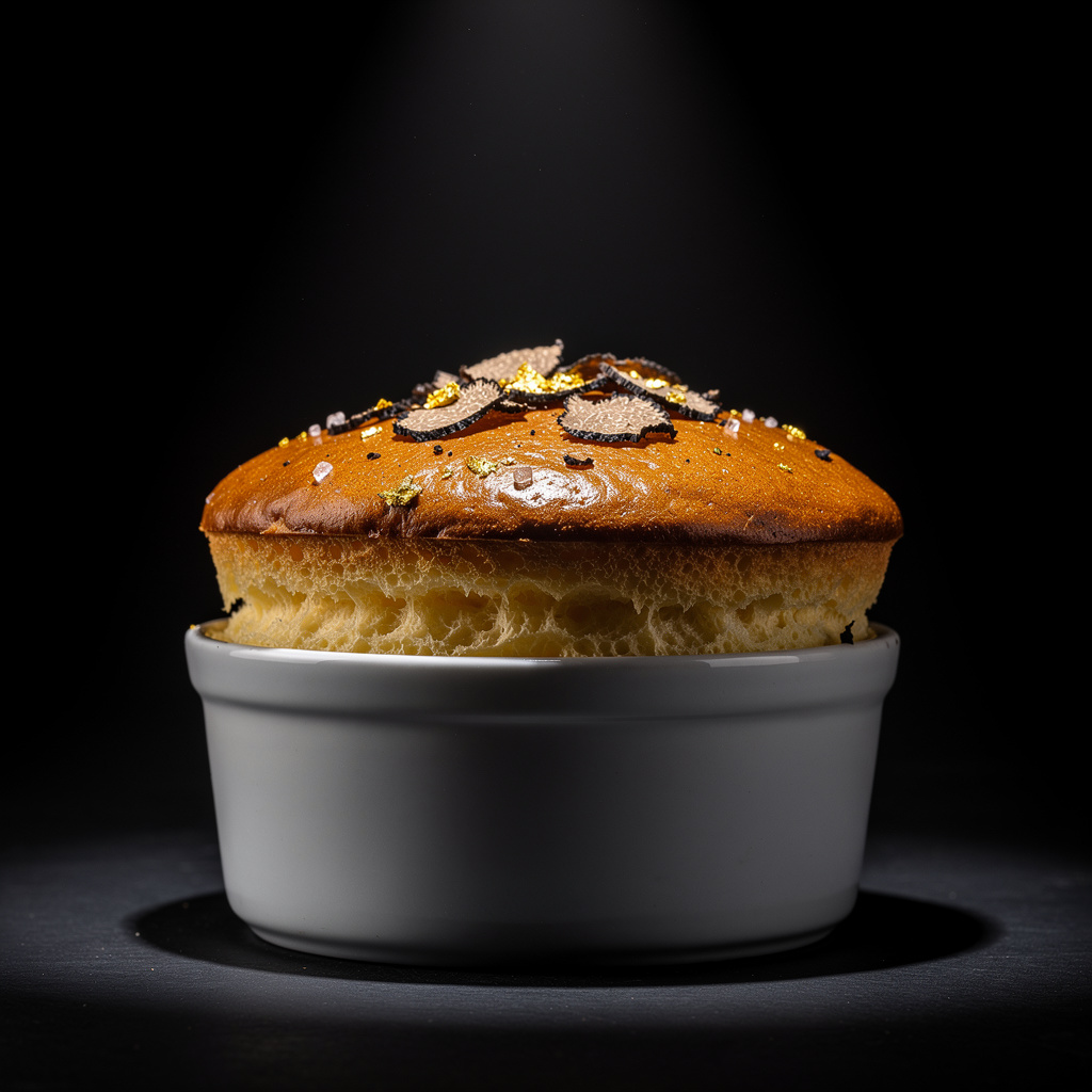 Soufflé salado de parmesano 36 meses inflado perfectamente con trufa negra laminada y sal de oro en ramekin de cerámica blanca sobre fondo negro dramático