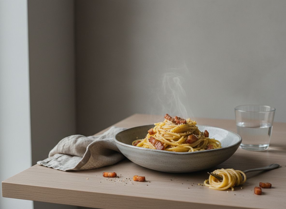 Spaghetti alla carbonara enrollados en cuenco de cerámica gris piedra, con crema sedosa de yema, guanciale crujiente y pimienta negra, con un ligero vapor, luz natural suave desde la izquierda.