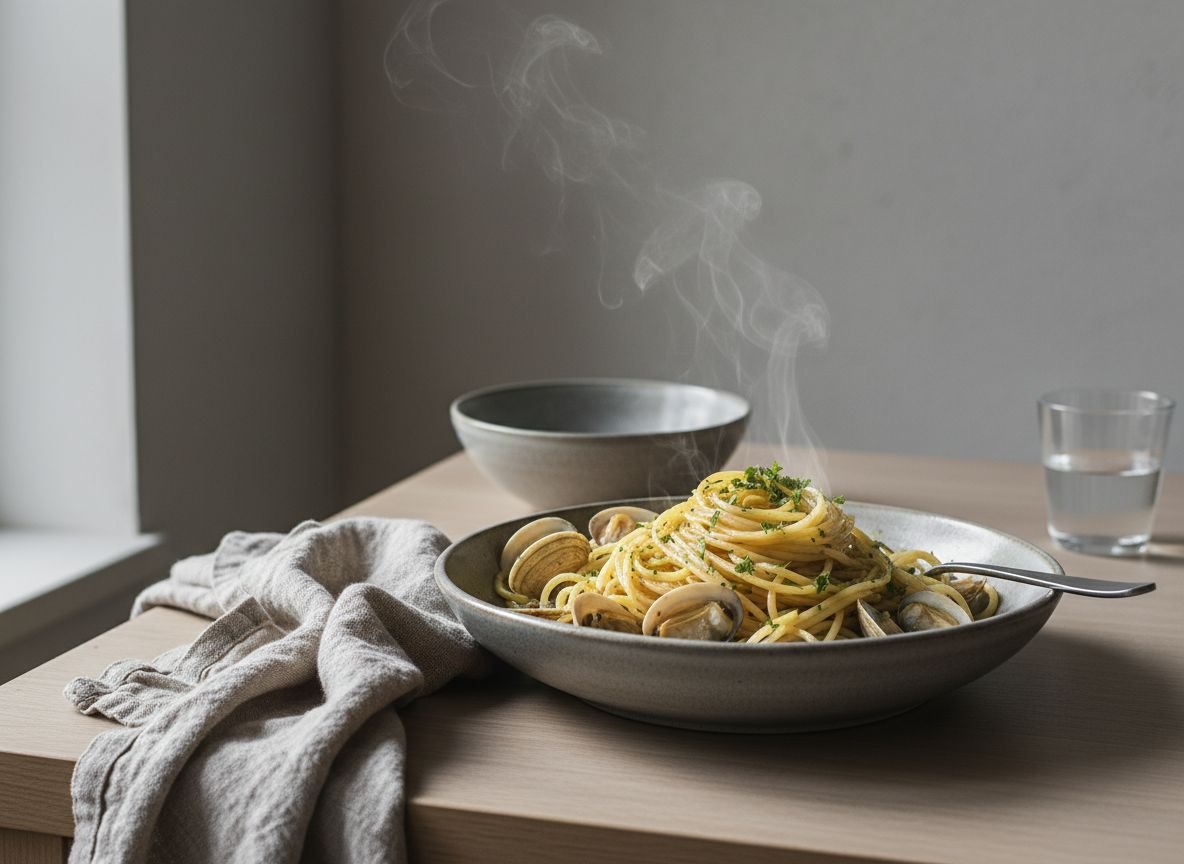 Spaghetti alle vongole enrollados en cuenco de cerámica gris piedra, con almejas abiertas, perejil y guindilla, salsa brillante y un ligero vapor, luz natural suave desde la izquierda.
