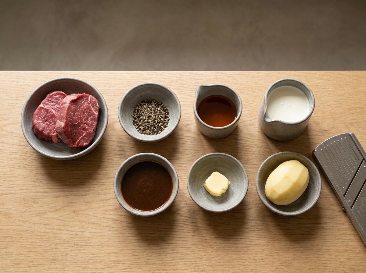Ingredientes del steak au poivre: filetes, pimienta en grano, coñac, nata, demi-glace y patata