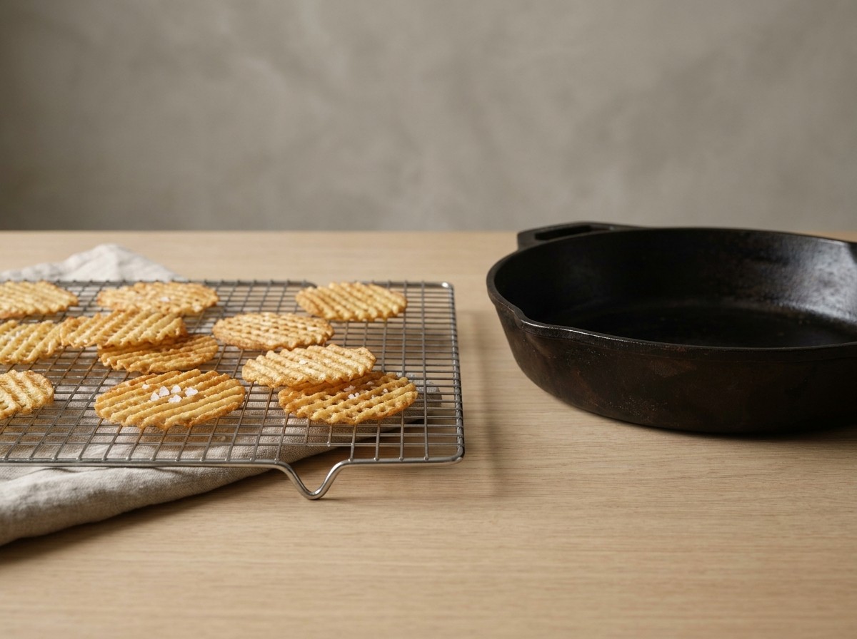 Patatas rejilla gaufrette doradas y crujientes escurriendo