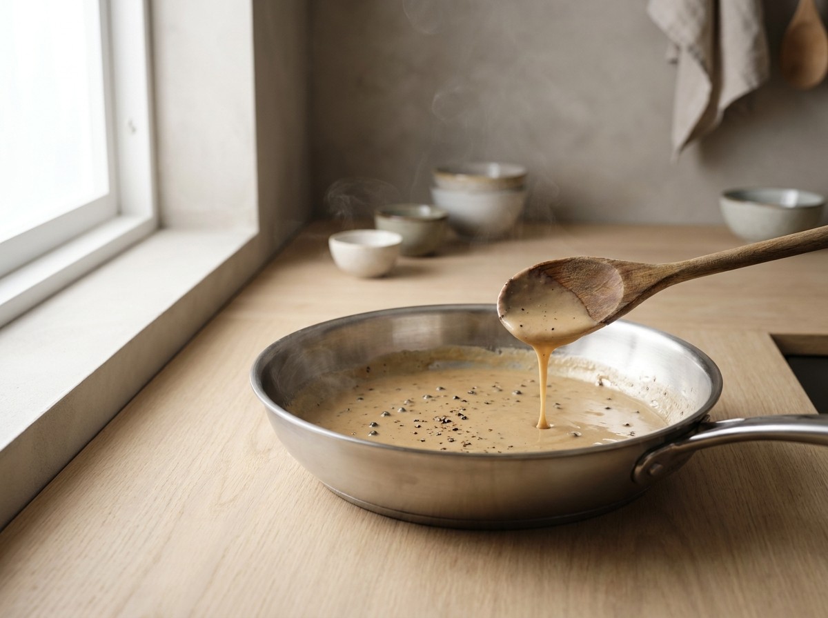 Salsa cremosa de coñac y pimienta reduciéndose en la sartén