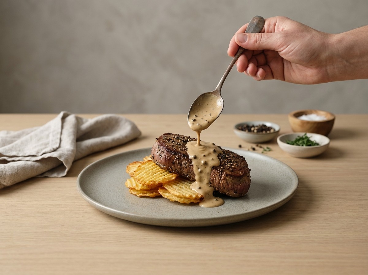 Filete sobre patata rejilla napado con la salsa de coñac