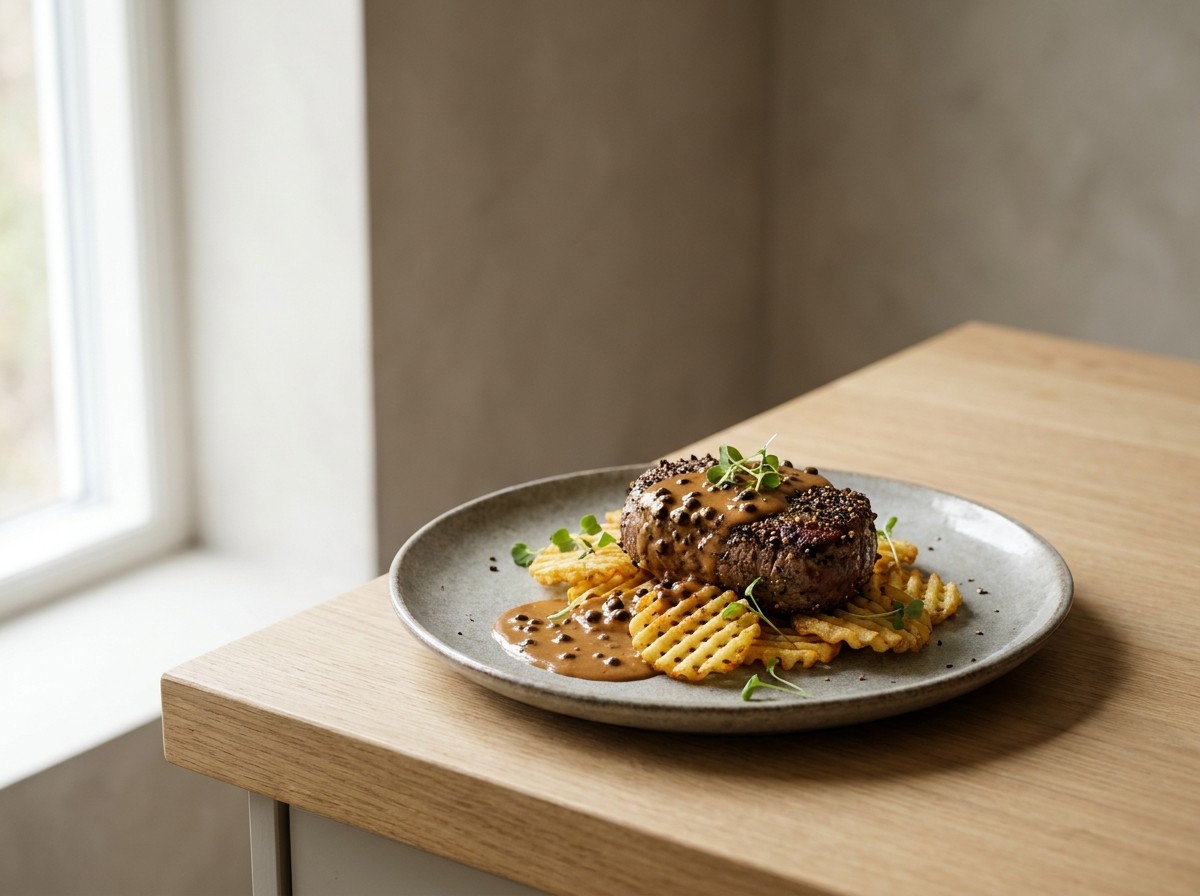 Steak au poivre en plato de cerámica gris piedra: filete con costra de pimienta sobre patata rejilla crujiente, napado con salsa cremosa de coñac.