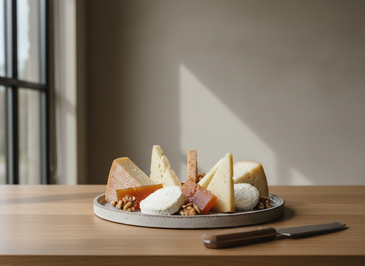 Gran tabla de quesos españoles con tetilla, manchego en triángulos, payoyo en lascas, torta del Casar abierta y picón azul desmigado, con membrillo, nueces, uvas, miel y picos, sobre tabla de roble