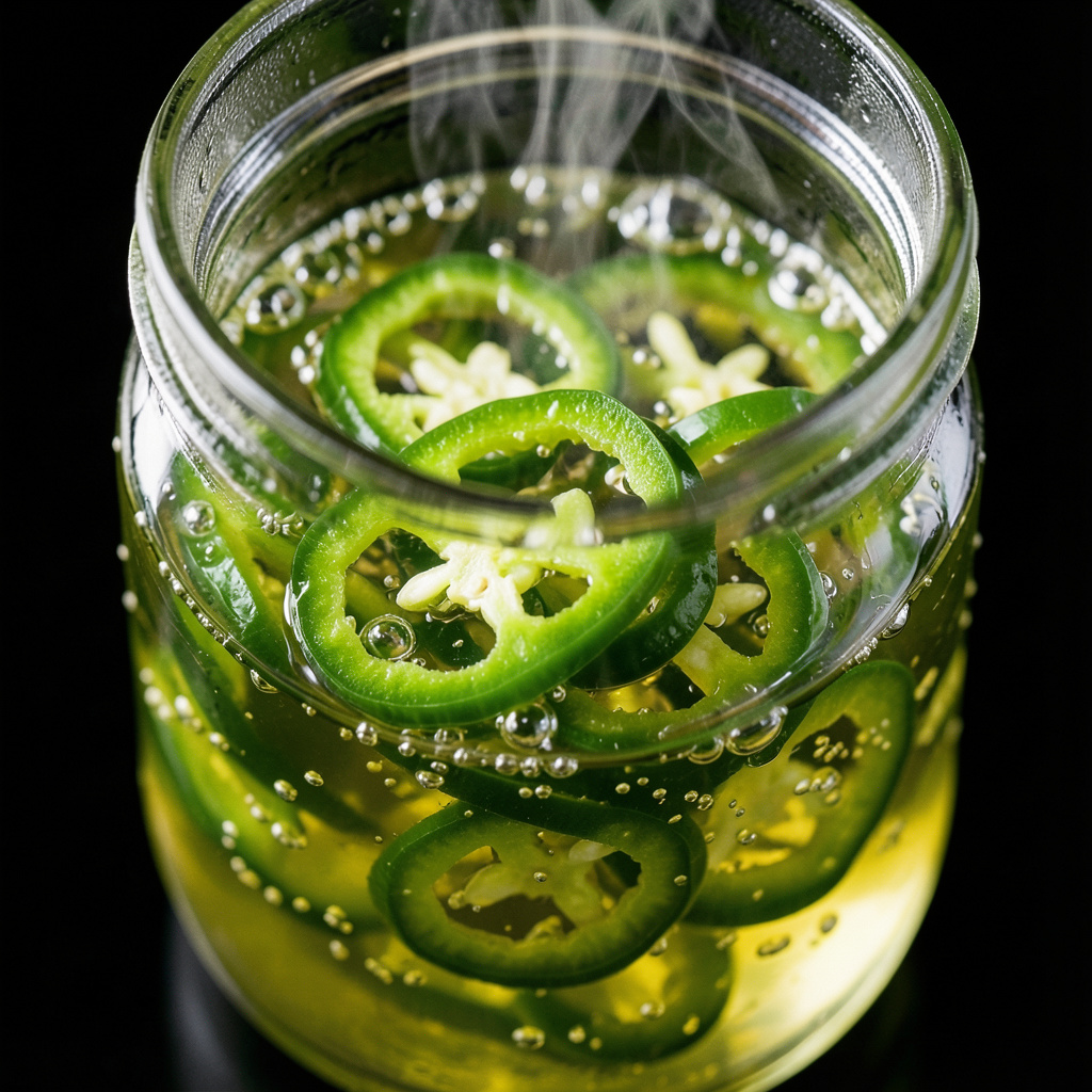 Aros de jalapeño encurtiéndose en vinagre de arroz