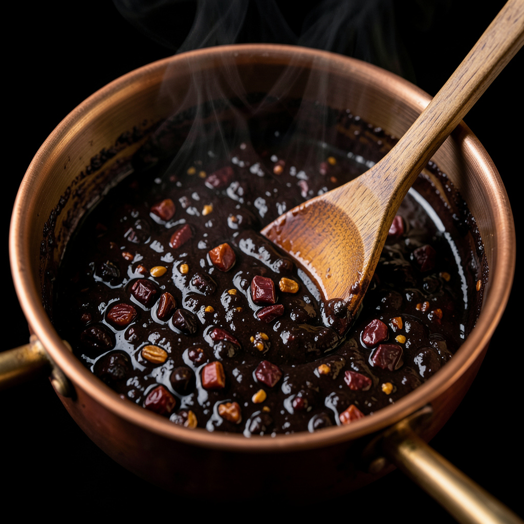 Mole negro espesando en cazo de cobre con chiles y chocolate