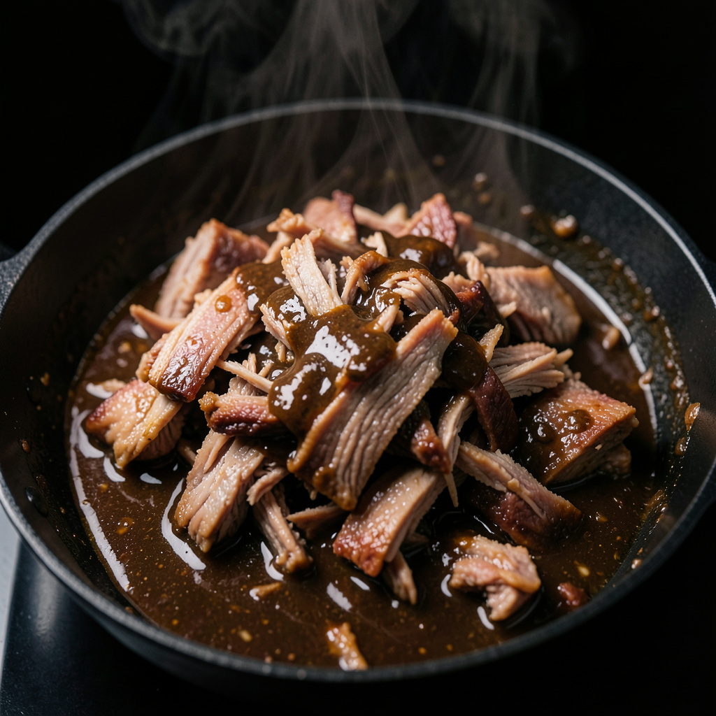 Carne de cochinillo deshilachada mezclándose con mole negro en sartén