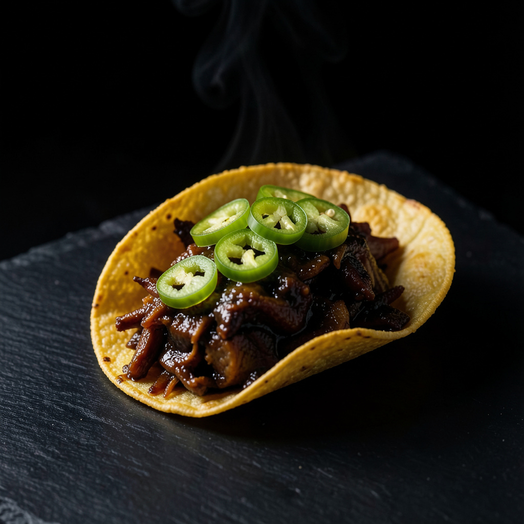 Taco de piel de cochinillo crujiente y translúcida relleno de cochinillo deshilachado con mole negro y aros de jalapeño encurtido.