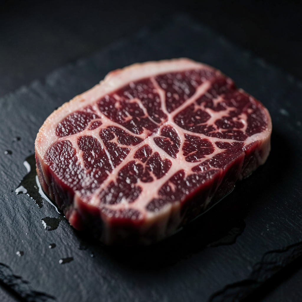 Corte transversal de lengua de Wagyu cruda con marmoleado visible sobre pizarra negra