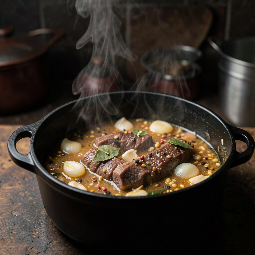 Lengua braseando en cocotte de hierro con especias y vapor a baja temperatura