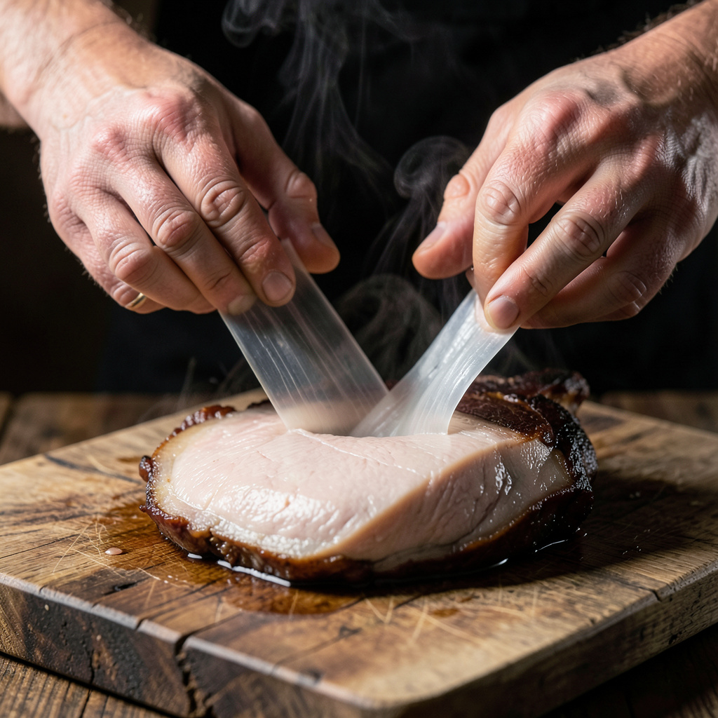 Manos retirando la membrana exterior de la lengua brasada en caliente sobre tabla de madera