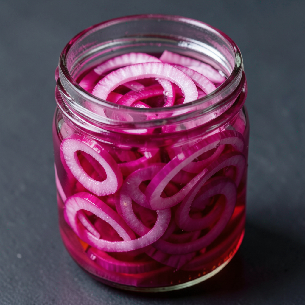 Cebolla morada encurtida de color fucsia intenso en tarro de cristal