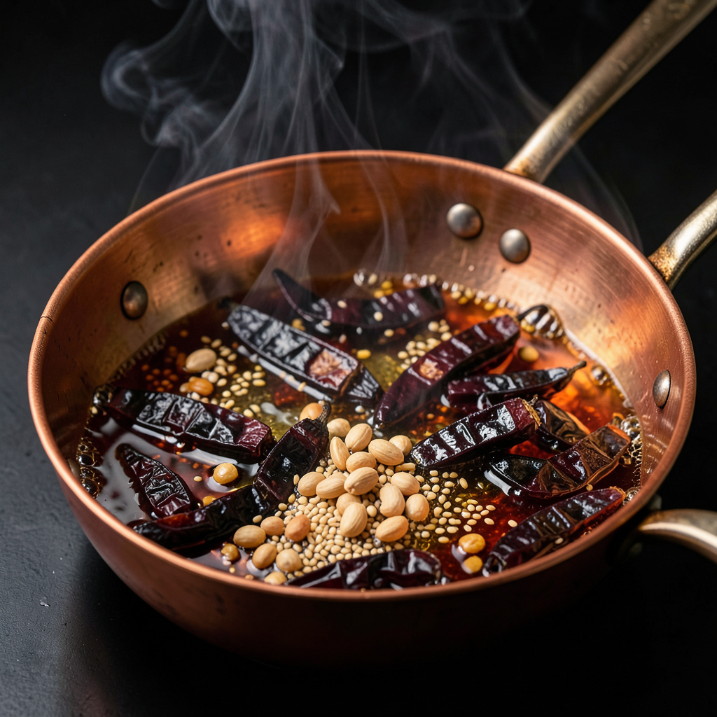 Chiles mulatos, cacahuetes y sésamo friéndose en aceite en sartén de cobre con humo