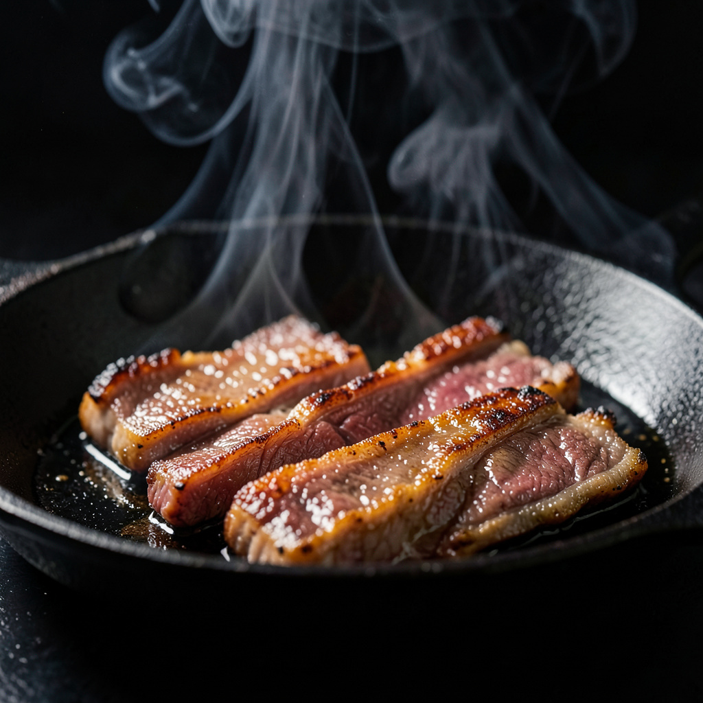 Lonchas de lengua de Wagyu sellándose en sartén de hierro con costra dorada y humo