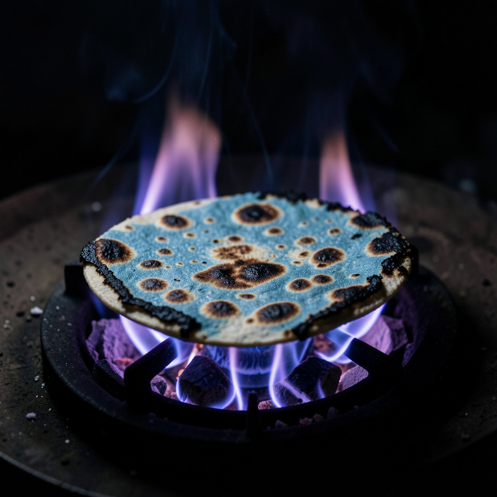 Tortilla de maíz azul sobre llama de gas directa con manchas de carbonización
