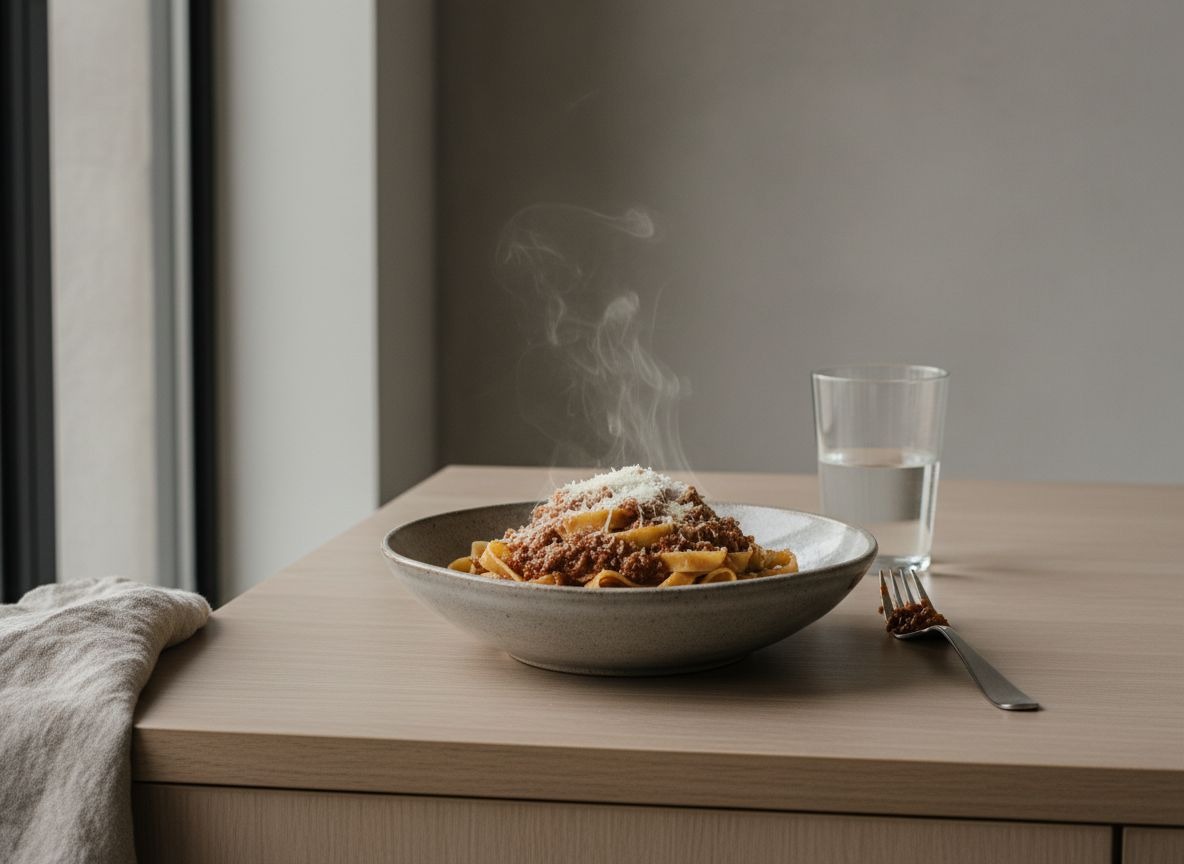 Tagliatelle al ragù boloñés en cuenco de cerámica gris piedra, cintas anchas cubiertas de un ragù denso y aterciopelado con parmesano, con un ligero vapor, luz natural suave desde la izquierda.