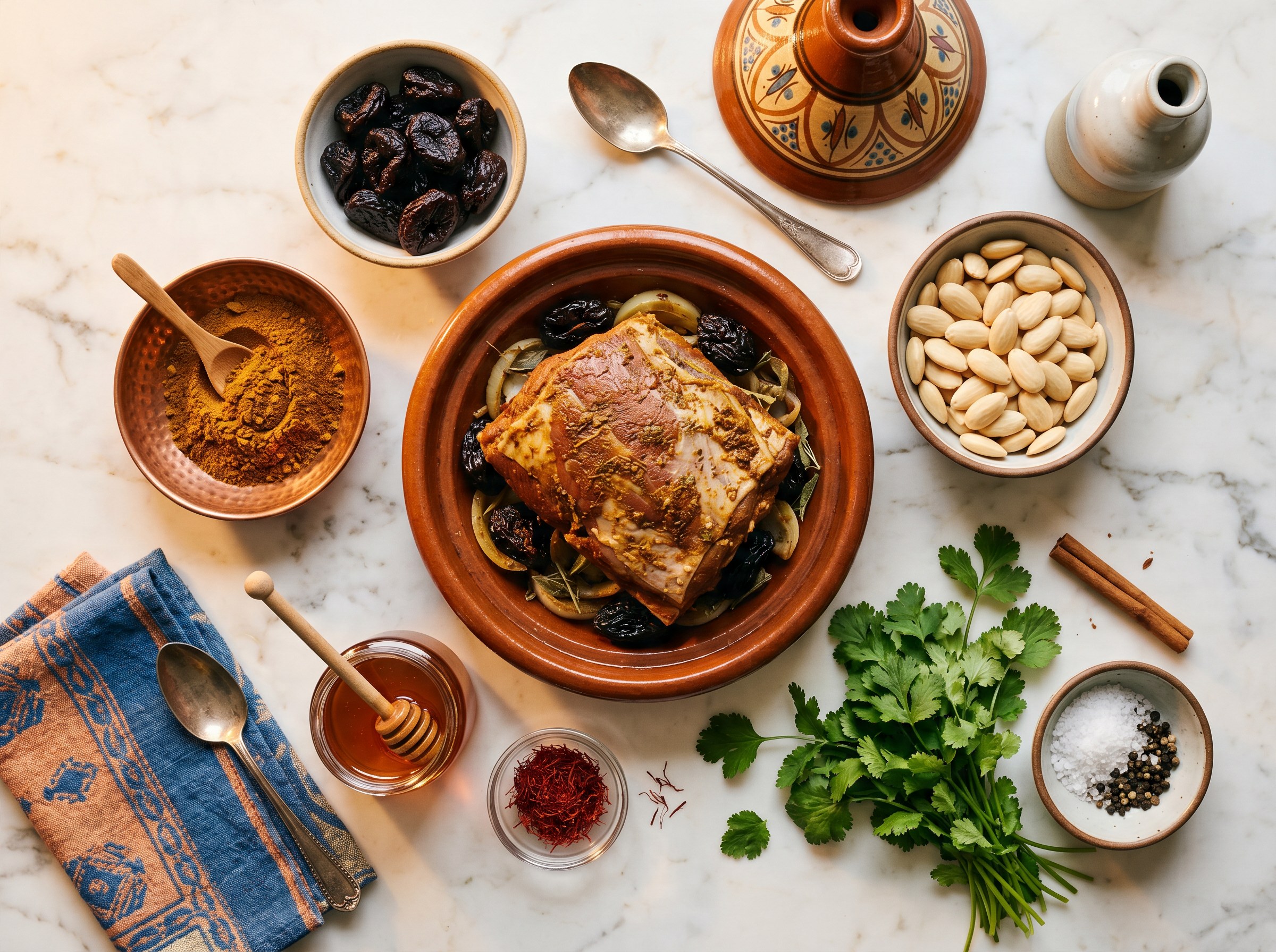 Ingredientes tajin de cordero: cordero, ciruelas secas, almendras, especias marroquies