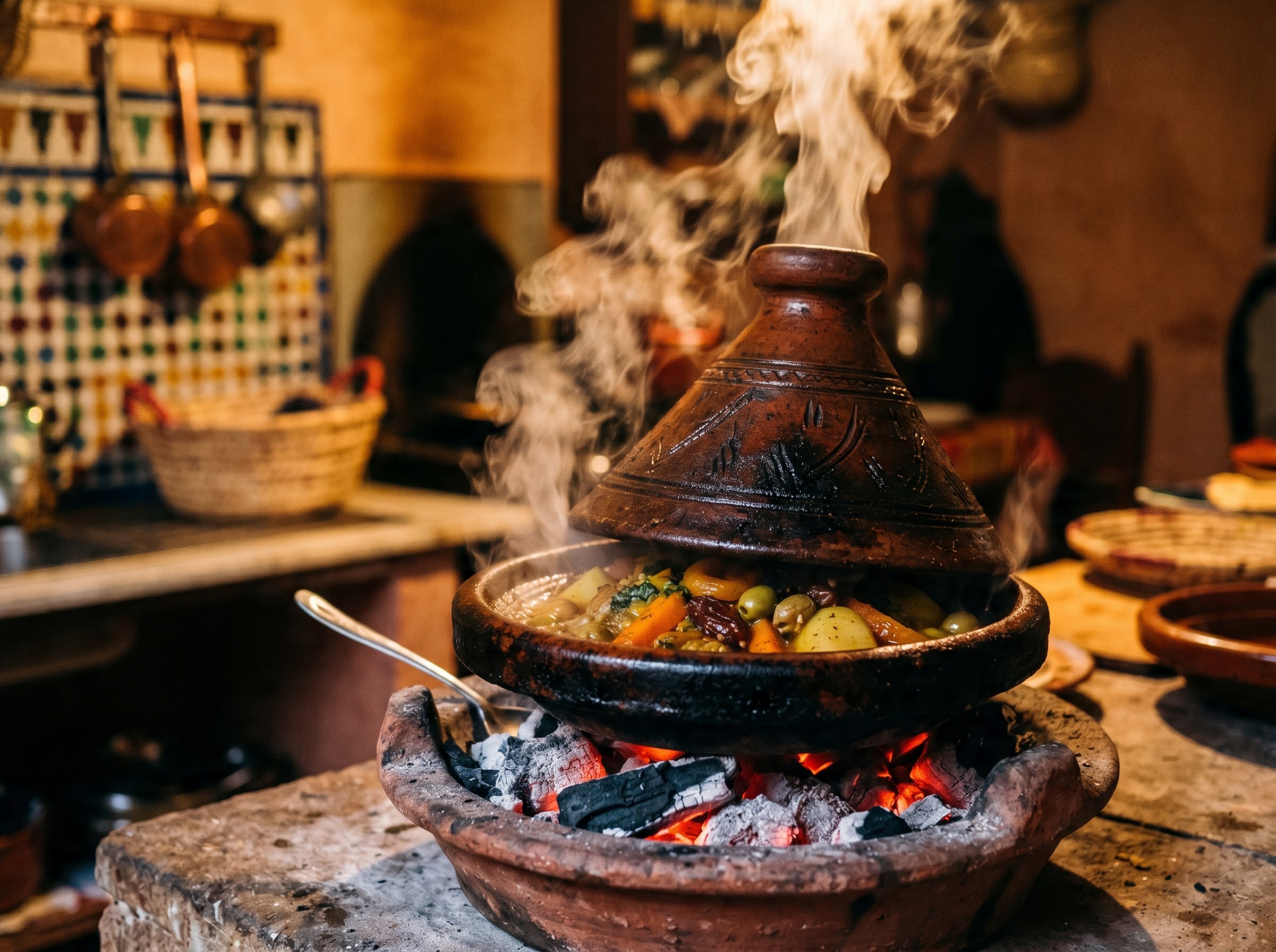 Tajin de cordero cocinando en cazuela de barro sobre carbon