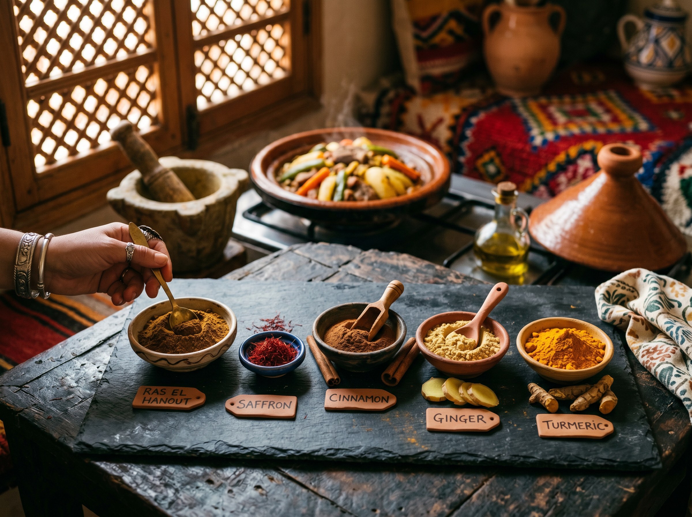 Especias marroquies: ras el hanout, azafran, canela y jengibre preparadas