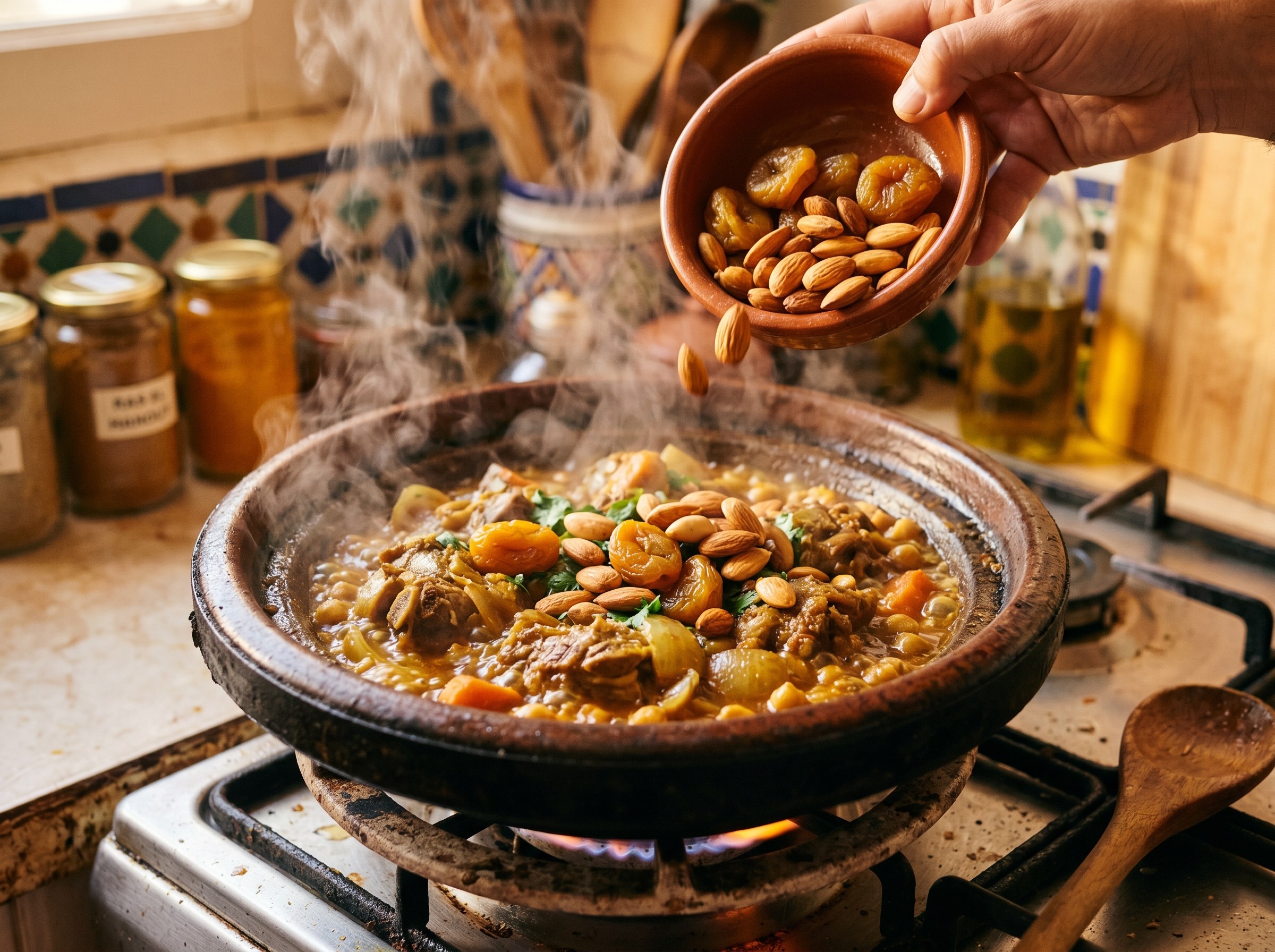 Ciruelas doradas y almendras tostadas siendo anadidas al tajin de cordero