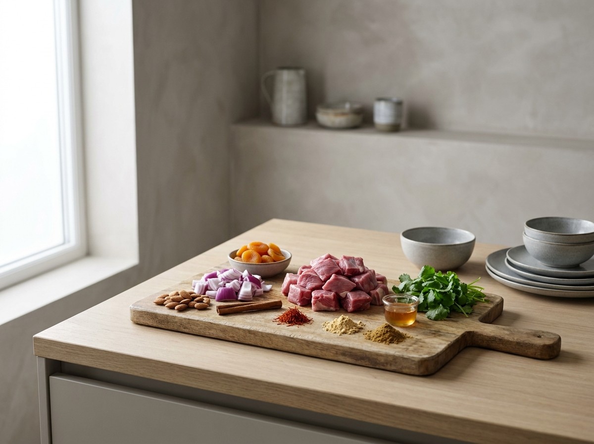 Ingredientes: cordero, cebolla, orejones de albaricoque, almendras, especias y miel
