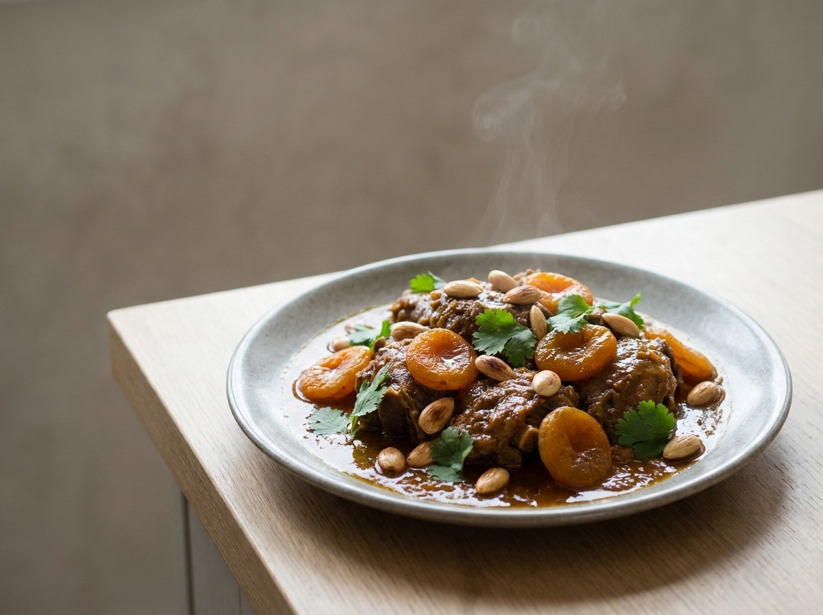 Tajine de cordero con albaricoque en plato de cerámica gris piedra: cordero meloso en salsa especiada con orejones y almendras tostadas, con cilantro.