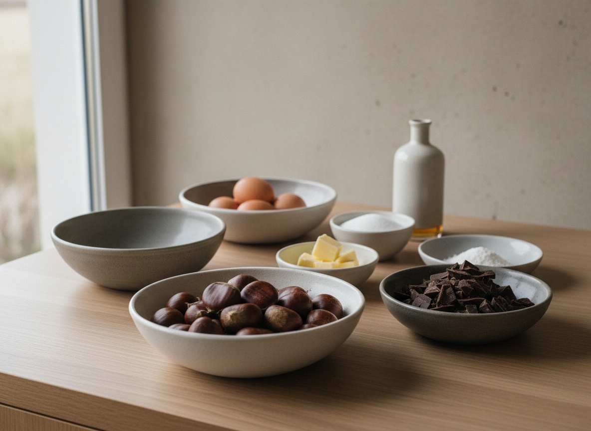 Bodegón de mise en place sobre mesa de madera: castañas frescas, chocolate negro troceado, mantequilla en dados, cuatro huevos, azúcar, fécula y una botella de ron, cada ingrediente en su cuenco blanco hueso.
