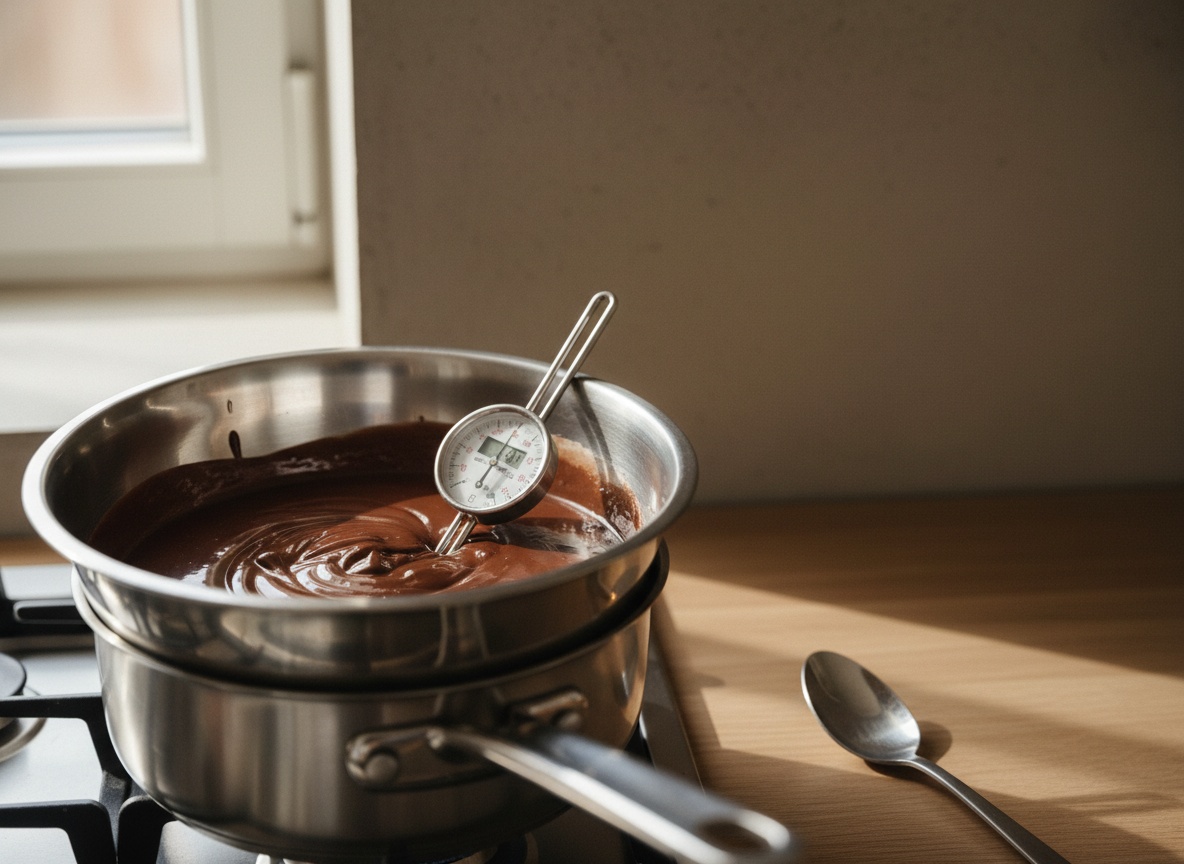 Bol de acero sobre el cazo del baño maría, sobre la placa con llama suave, con chocolate negro y mantequilla a medio fundir, brillante y liso, un termómetro de cocina apoyado dentro marcando 48 °C.