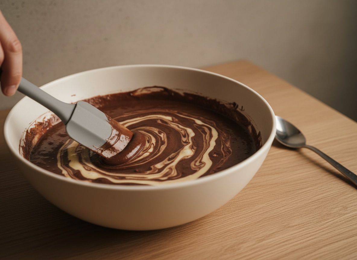 Bol amplio blanco hueso con la crema oscura de chocolate y castañas y los huevos batidos a medio incorporar, vetas claras y oscuras que se cierran bajo una espátula de silicona en movimiento envolvente.