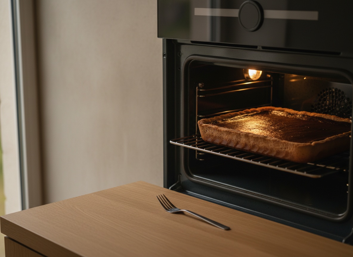 Interior del horno con la luz encendida: el molde sobre la rejilla central, la tarta con los bordes firmes y ligeramente alzados y el centro aún tembloroso y brillante, superficie oscura y mate.