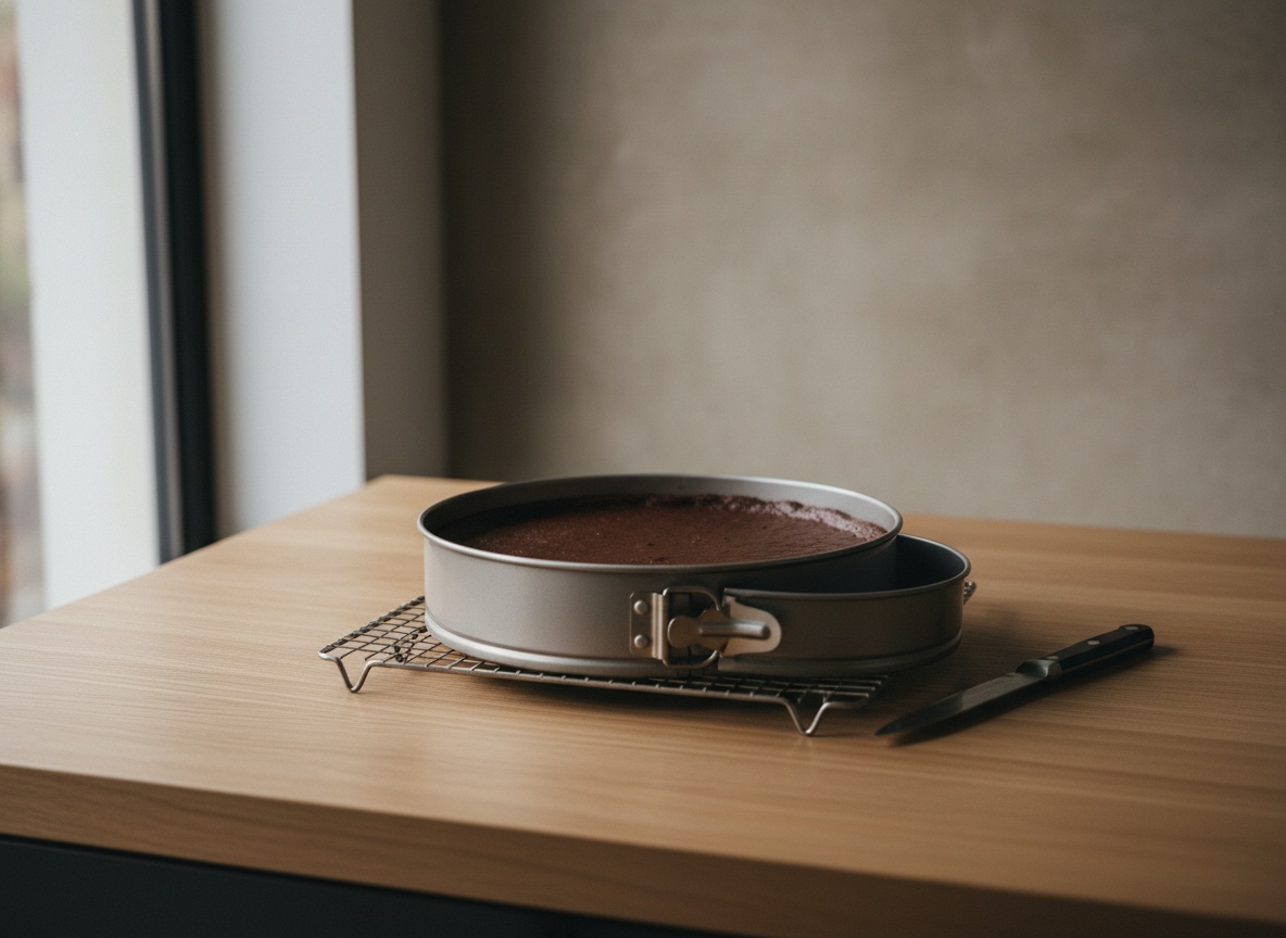 Tarta enfriando sobre una rejilla de metal dentro del molde desmontable, superficie oscura ligeramente hundida y separada de las paredes, con un cuchillo fino apoyado junto al aro entreabierto.