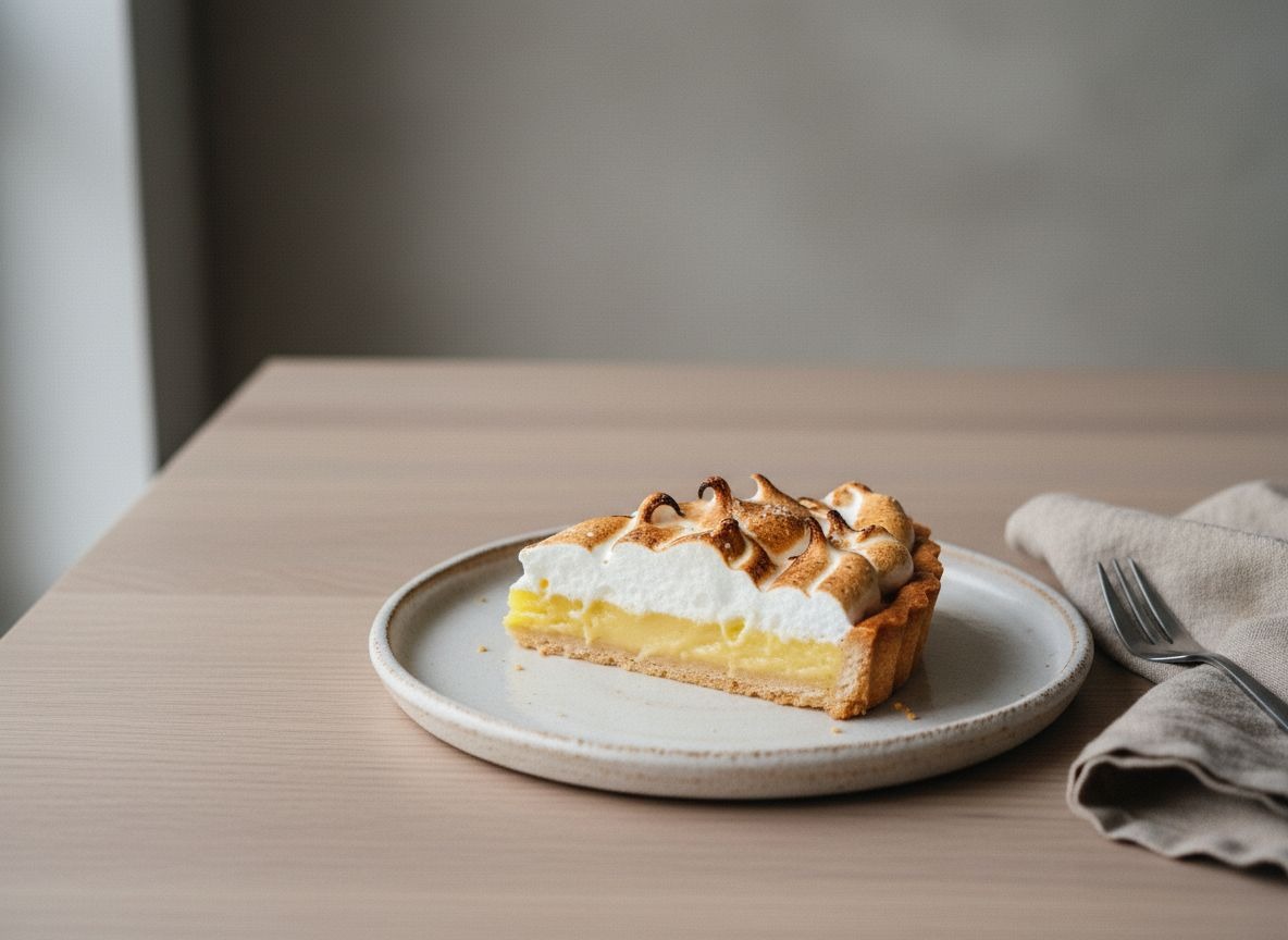 Porción de tarta de limón con base sablée, relleno de lemon curd amarillo y merengue dorado al soplete, sobre plato blanco hueso, capas nítidas a la vista, luz natural suave desde la izquierda.
