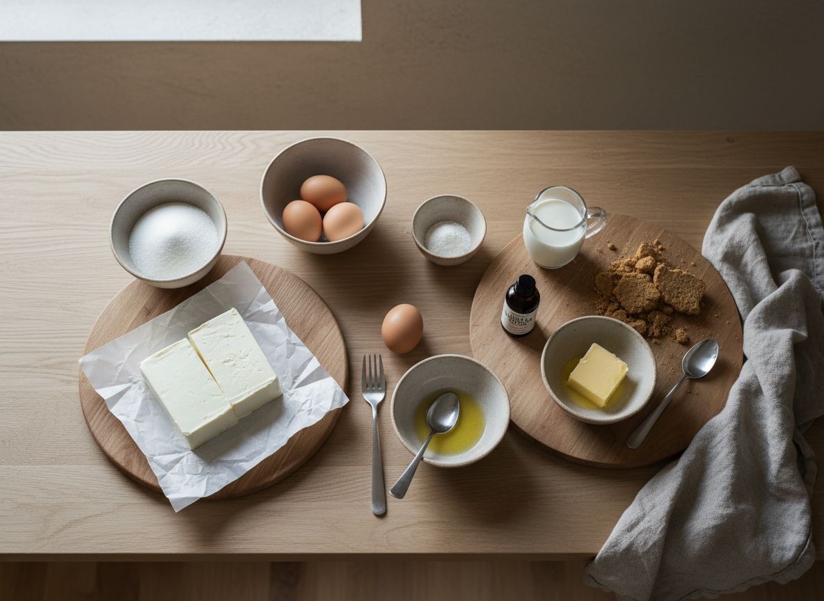 Ingredientes de la tarta de queso dispuestos en cuencos de cerámica sobre encimera de roble claro
