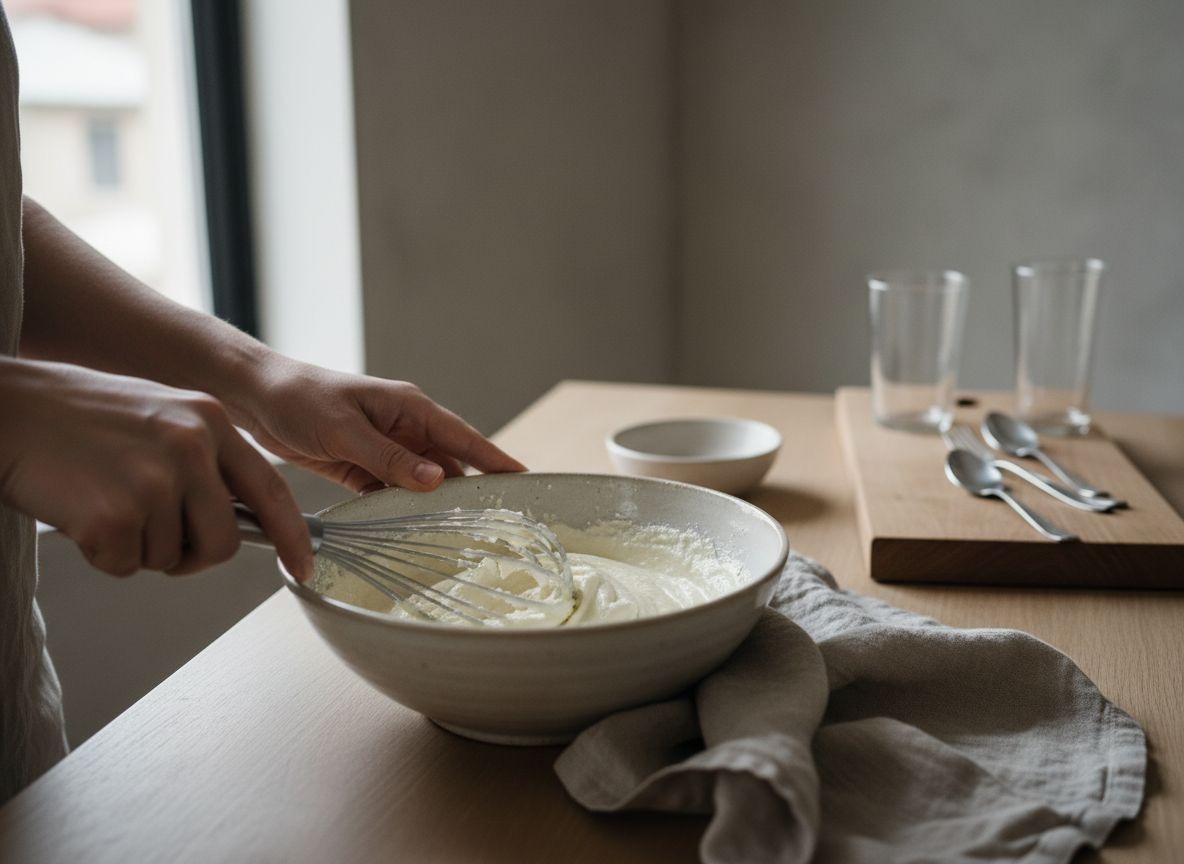 Queso crema batido con azúcar en un bol de cerámica