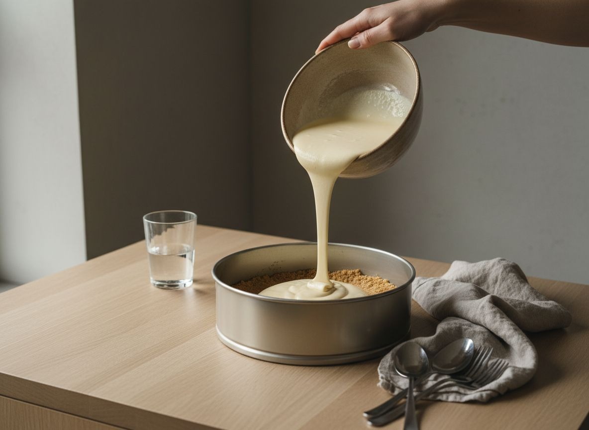Vertiendo la crema de queso sobre la base de galleta en el molde