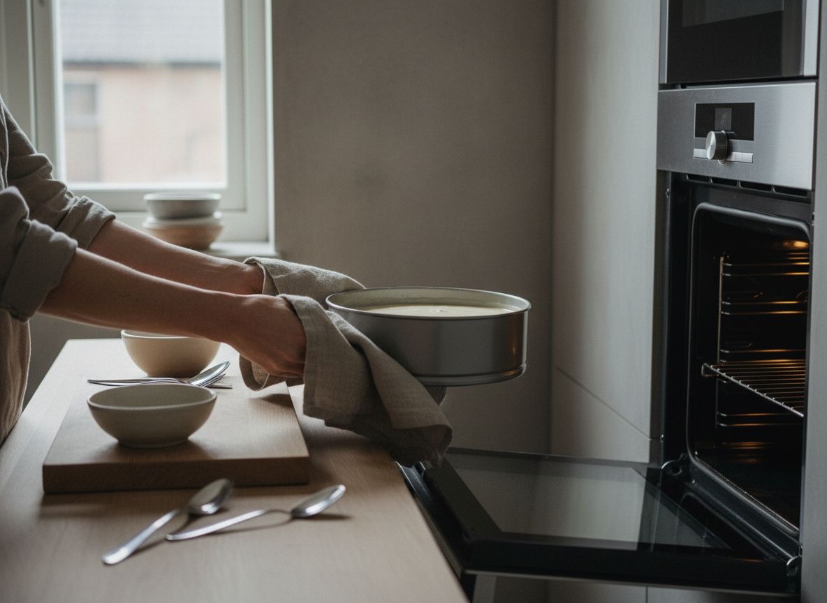Introduciendo el molde con la tarta en el horno