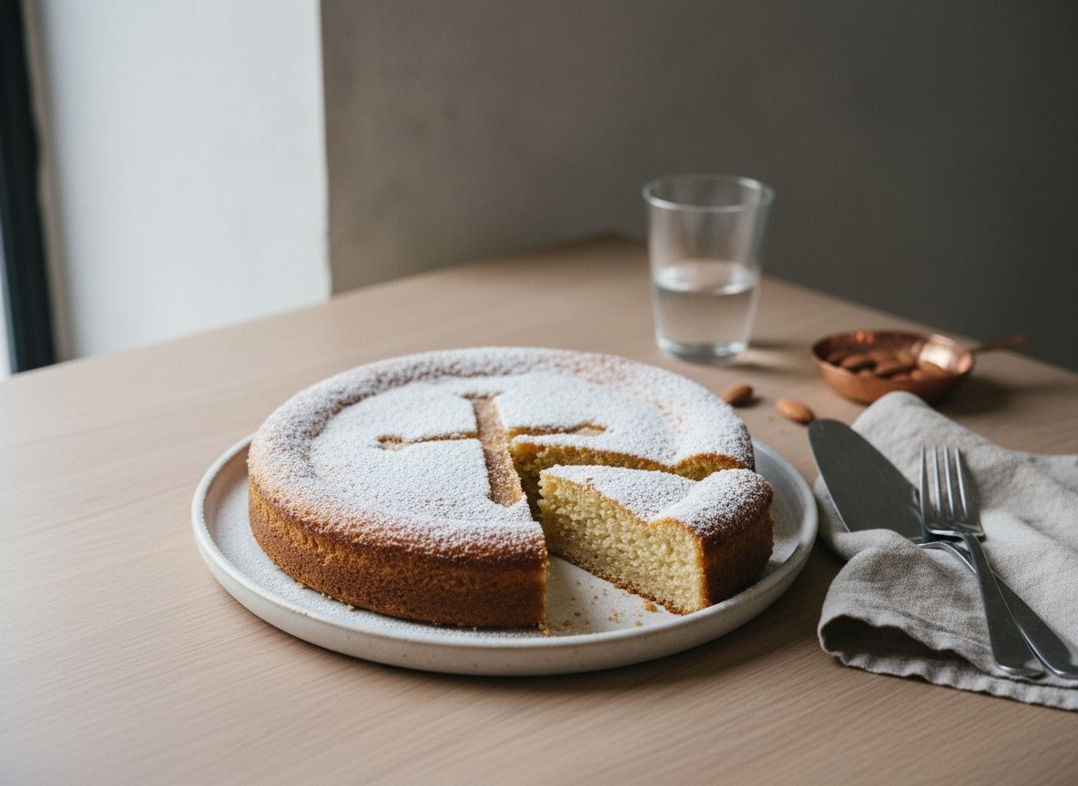 Tarta de Santiago dorada espolvoreada con azúcar glas y la cruz de Santiago marcada en el centro, sobre plato blanco hueso, miga densa de almendra visible en una porción, luz natural suave desde la izquierda.