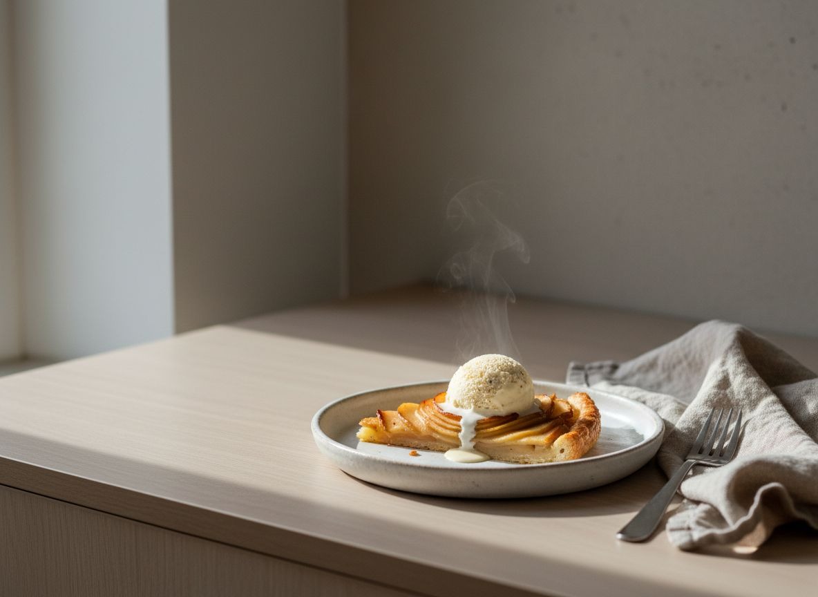 Tarta fina de manzana con láminas en rosetón doradas y caramelizadas sobre hojaldre crujiente, con una bola de helado de vainilla derritiéndose encima, sobre plato blanco hueso, ligero vapor, luz natural suave desde la izquierda.