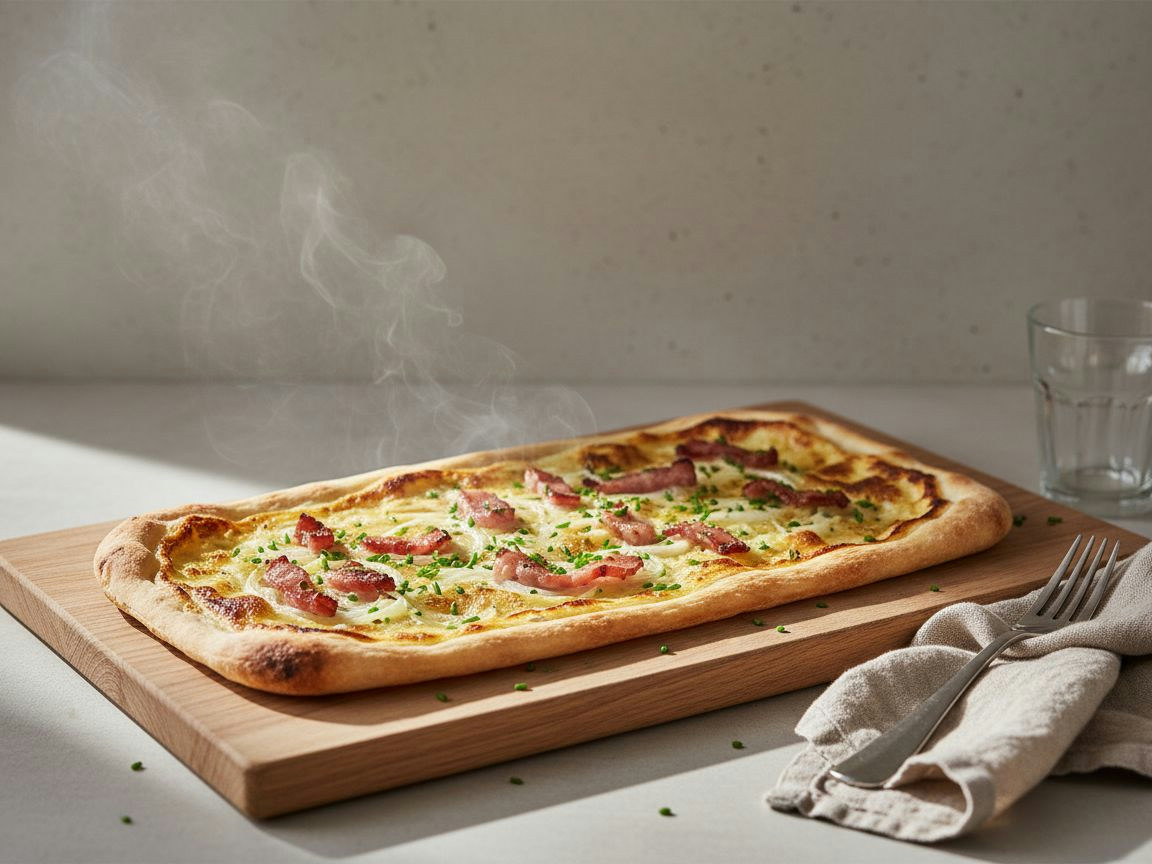 Tarta flambée alsaciana rectangular finísima de base crujiente y bordes chamuscados, cubierta de crème fraîche dorada, cebolla en juliana y lardons de panceta con cebollino, sobre tabla de roble claro