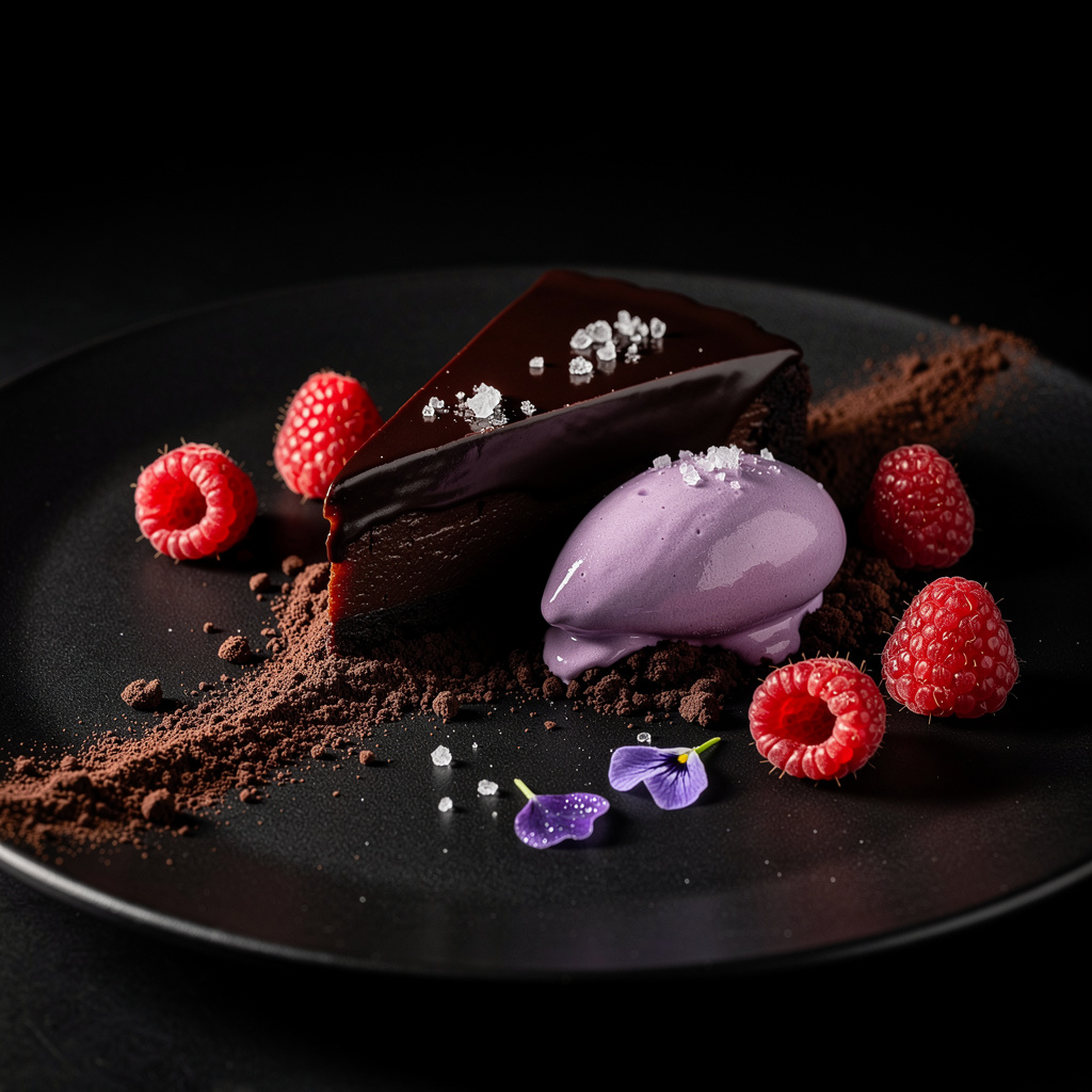 Tarta de chocolate Guanaja 70% con frambuesas, tierra de cacao y helado de violeta