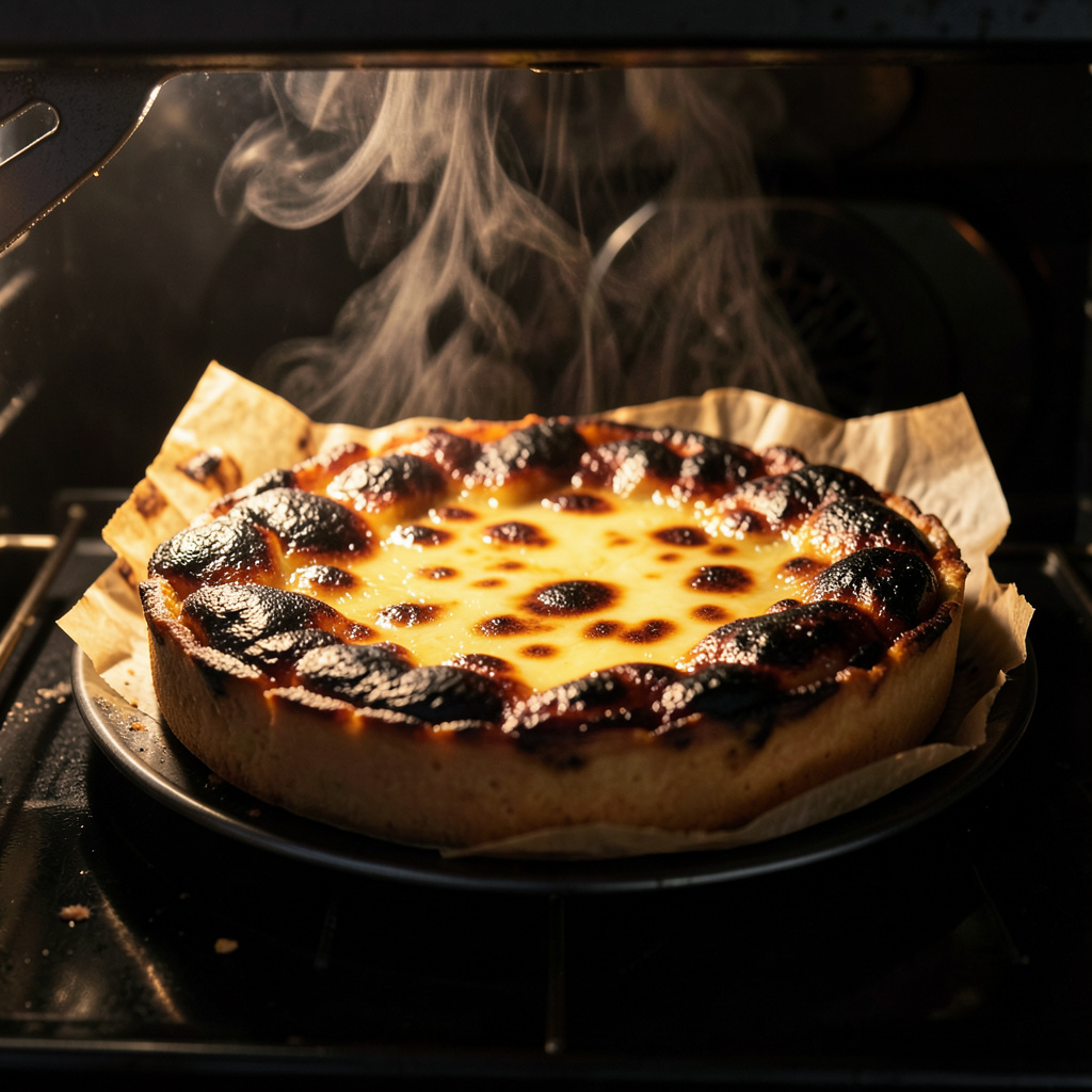 Tarta en el horno a 210°C con exterior caramelizado oscuro