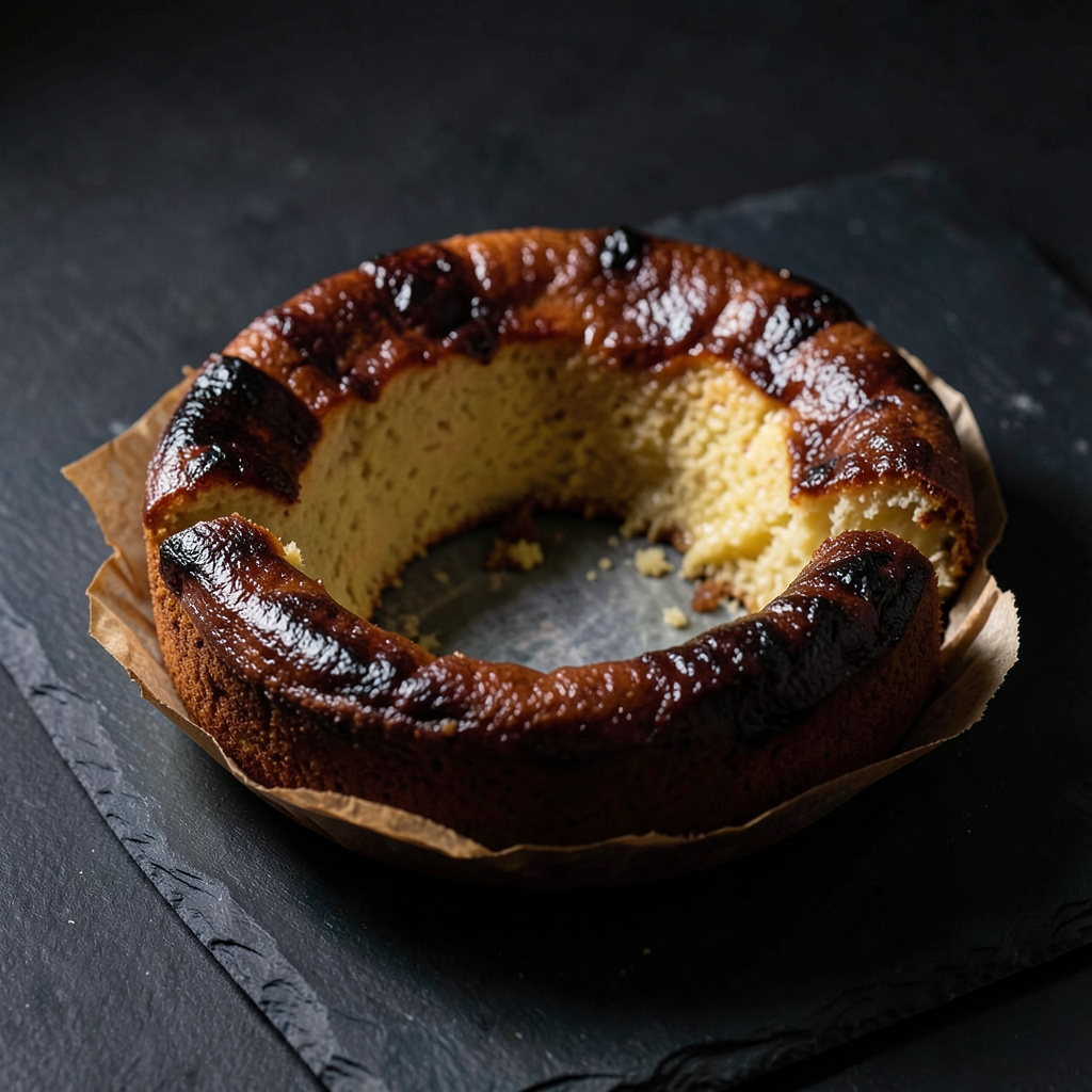 Tarta entera desmoldada sobre pizarra oscura